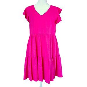 NWT SUGARLIPS Devina Flared Tiered Mini Dress Hot Pink Womens Sz S Ruffle V-Neck